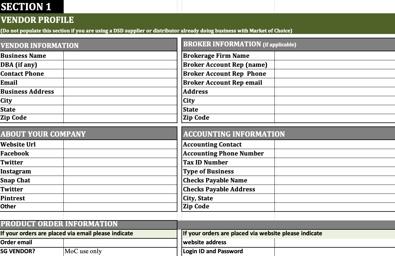 Vendor Profile Form Section 1